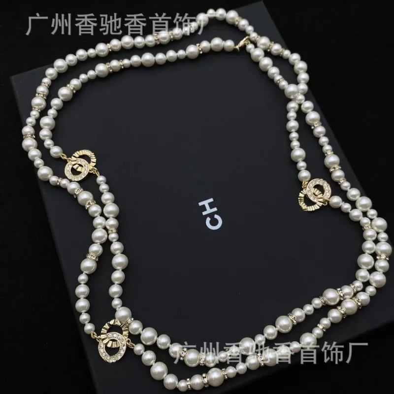 New Pearl Diamond Sweater Chain Temperament Versatile High Sense Double C Long Necklace Women