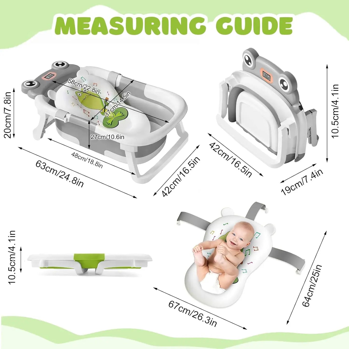 Baby Bath Tub with Bath Cushion Foldable Bathtub with Thermometer Shower Cap Shower Brush for Newborn and Toddler 0-36 Months