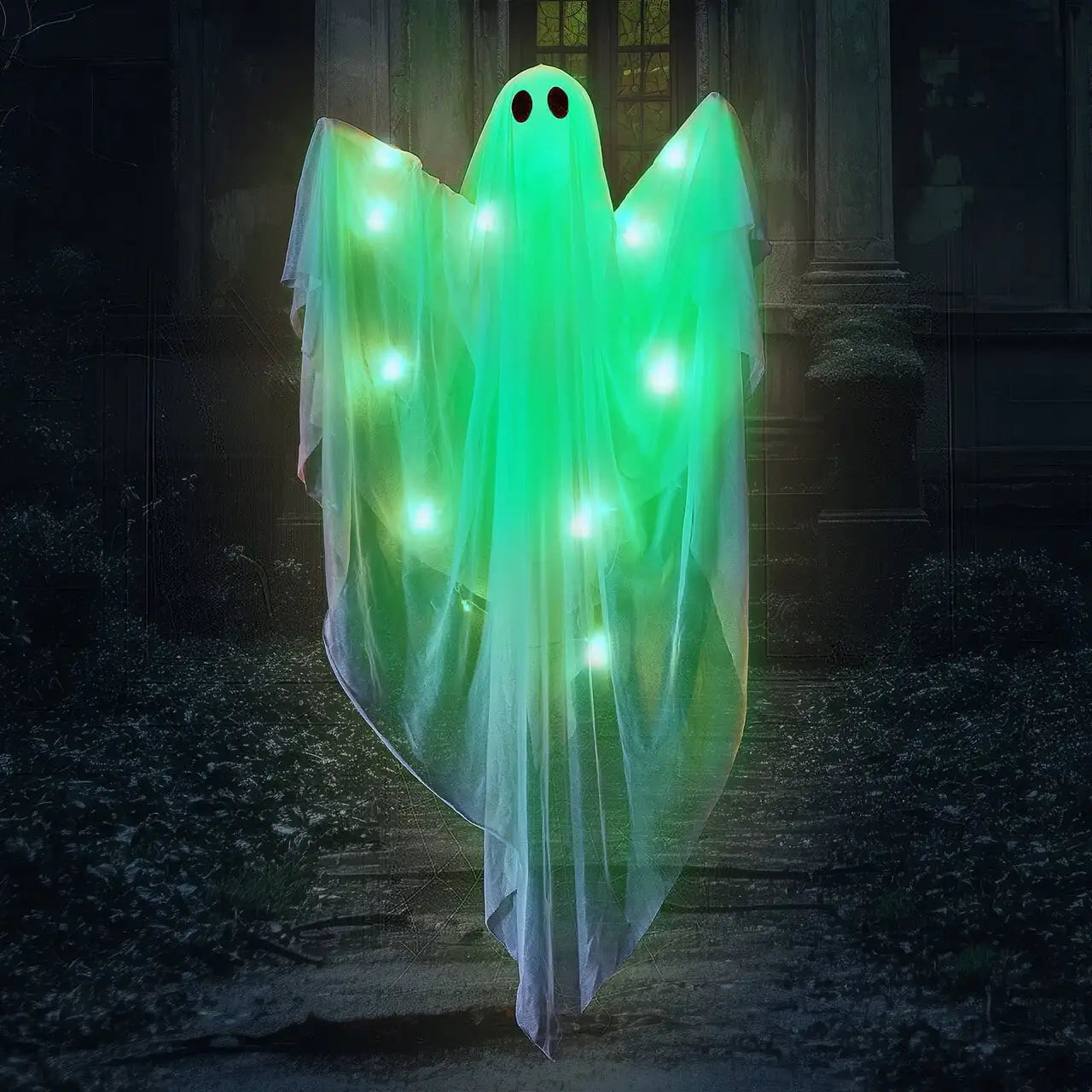 Joyfy 47 Inch Hanging Ghosts Halloween Decorations White Ghosts with Spooky Green LED Light for Halloween Outdoor Decoration