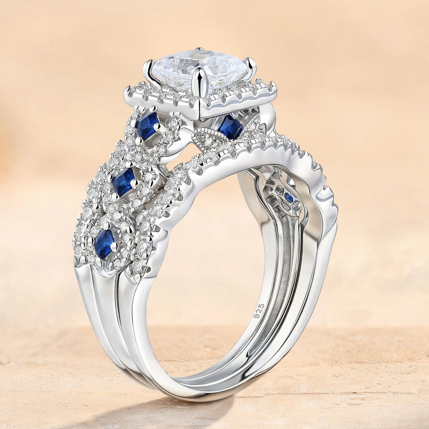 Newshe 3 Pcs Solid 925 Sterling Silver Certified Moissanite Wedding Rings Set for Women 6.5mm Princess Cut Luxury Jewelry