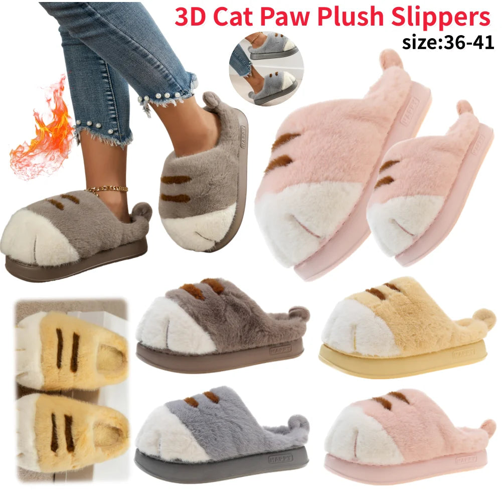 3D Cat Paw Slippers Women's Home Shoes Non Slip Furry Mules Female Fashion Warm Fluffy Slides Outdoor Cat Slippers for Autumn Wi