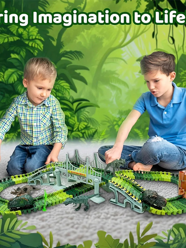 Special Offer: Children's Dinosaur World Track Cars, Toy Track Cars For Boys And Girls, Indoor Race Assembly Track Car Games, Pe