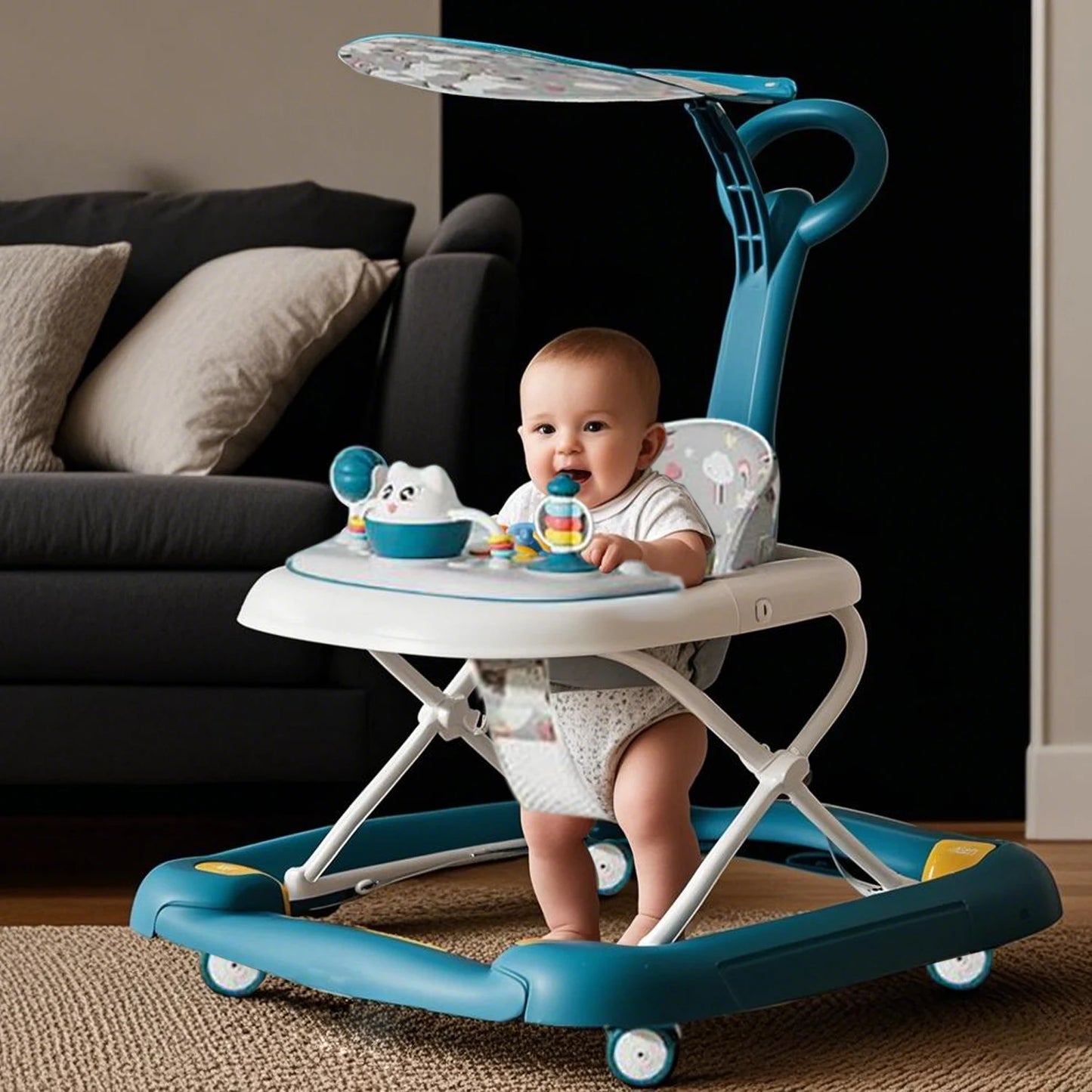 Baby Multi-Functional Comfortable Walker With Awning Anti-Rollover Baby Walker Can Sit Adjust And Shake The Walker For Boy Girls