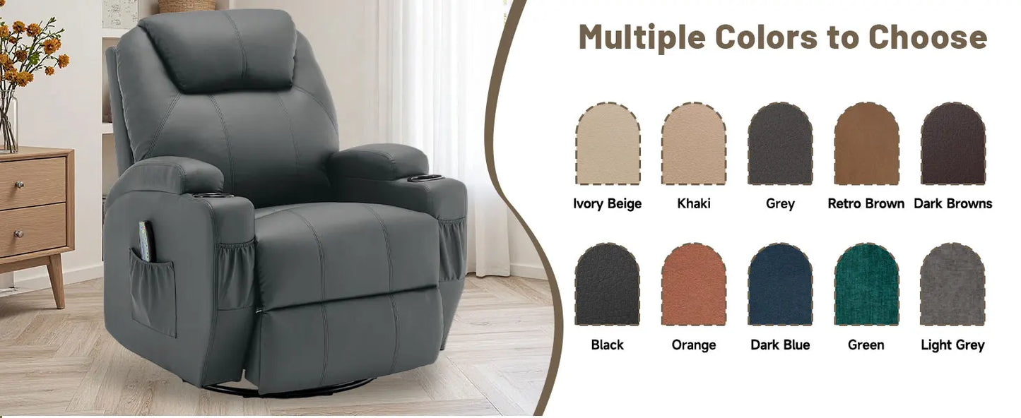 Recliner Chair with Massage and Heat, 360° Swivel Rocking Chairs for Adults, Remote Control and Cup Holder for Living Room