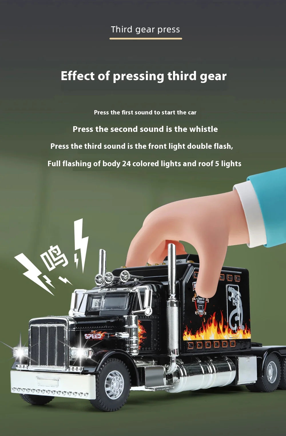 1:24 Peterbilt 389 alloy car model, with lighting and simulated sound effects,Toy Trucks for Boys gift