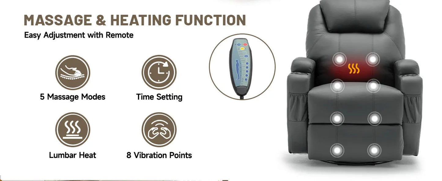 Recliner Chair with Massage and Heat, 360° Swivel Rocking Chairs for Adults, Remote Control and Cup Holder for Living Room