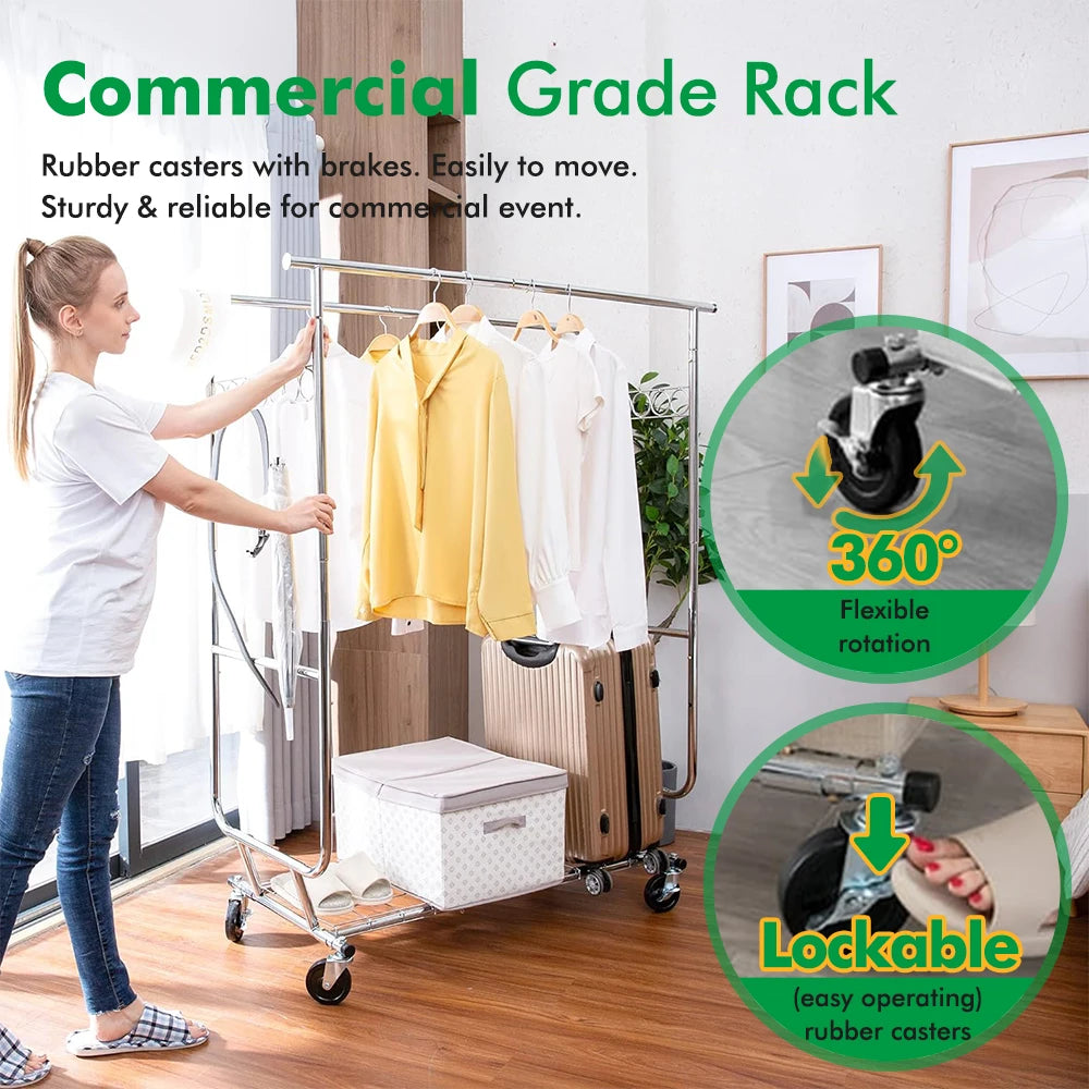 Commercial Grade Heavy Duty Double-rail Garment Rack with Shelves Wheels Chrome Finish Heavy Duty Double-rail Coat Rack 600 lbs