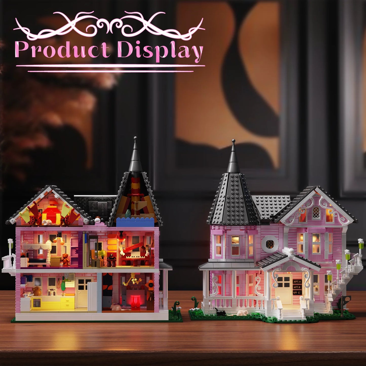 Pink Palace House Building Blocks Set with Lights,Horror Haunted House Bricks Toys Christmas Halloween Gifts for Kids(1349PCS)