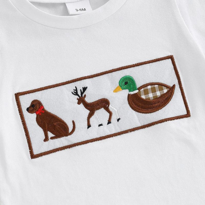 Boys Summer Outfit Set with Short Sleeve Animal Embroidery Top and Plaid Shorts O Neck Design for Comfort