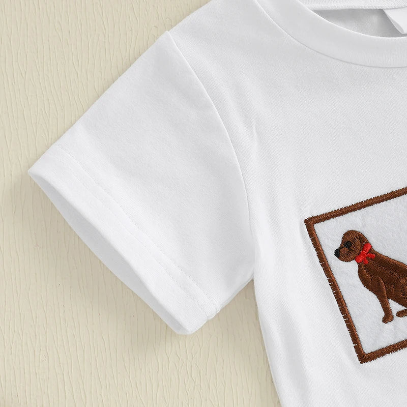 Boys Summer Outfit Set with Short Sleeve Animal Embroidery Top and Plaid Shorts O Neck Design for Comfort