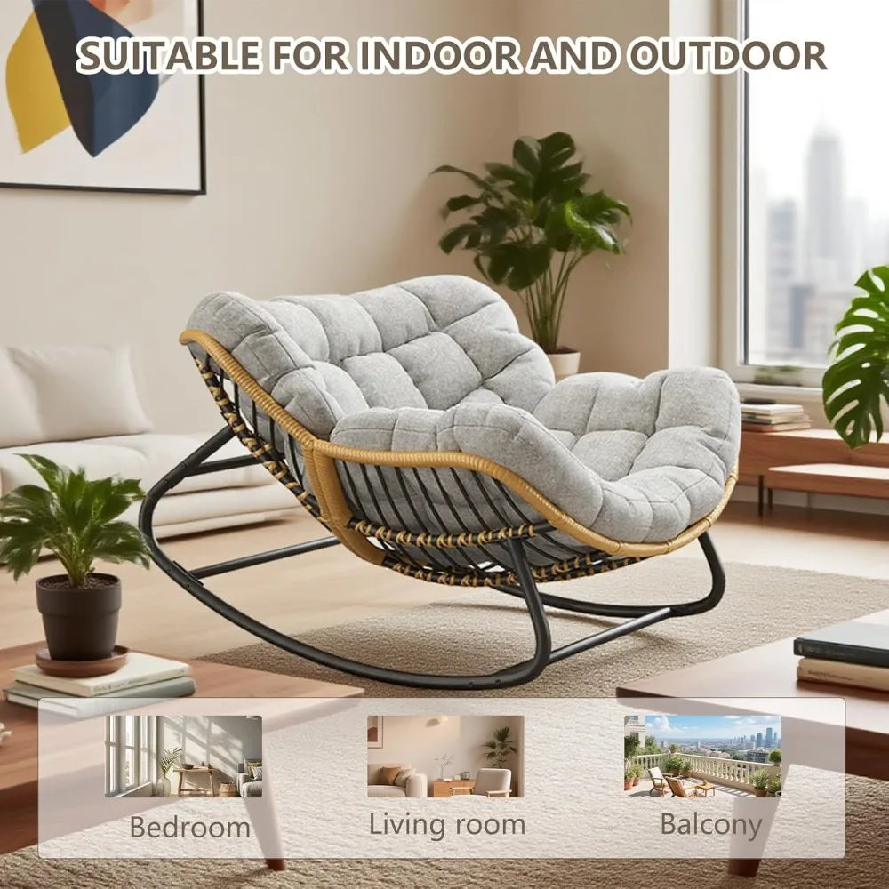 Outdoor/Indoor Rocking Chair,Papasan Chair,Outdoor Patio Porch Furniture,Rattan Wicker Lounge Chair Indoor,Rocker Egg Chair for