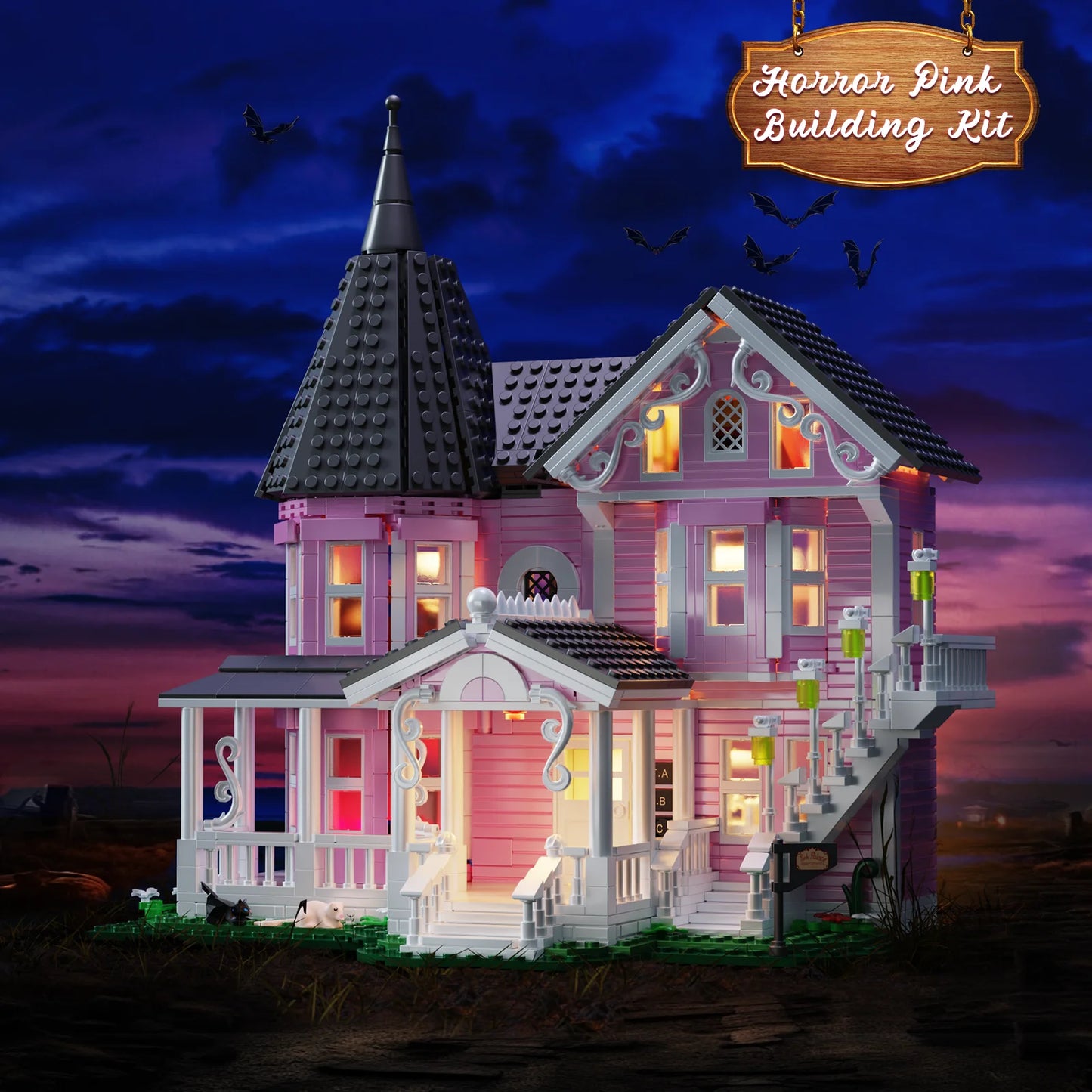 Pink Palace House Building Blocks Set with Lights,Horror Haunted House Bricks Toys Christmas Halloween Gifts for Kids(1349PCS)