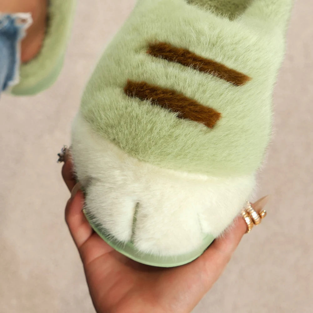 3D Cat Paw Slippers Women's Home Shoes Non Slip Furry Mules Female Fashion Warm Fluffy Slides Outdoor Cat Slippers for Autumn Wi