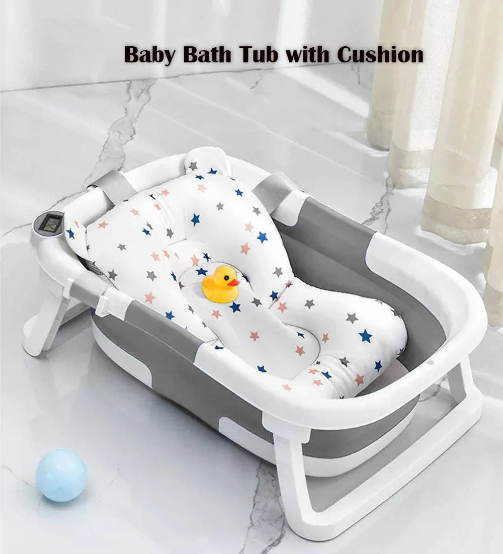 Baby Bath Tub with Bath Cushion Foldable Bathtub with Thermometer Shower Cap Shower Brush for Newborn and Toddler 0-36 Months
