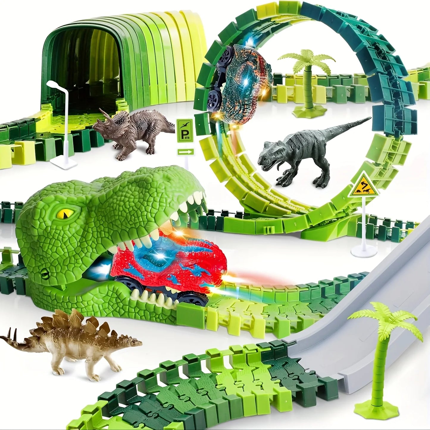 Special Offer: Children's Dinosaur World Track Cars, Toy Track Cars For Boys And Girls, Indoor Race Assembly Track Car Games, Pe