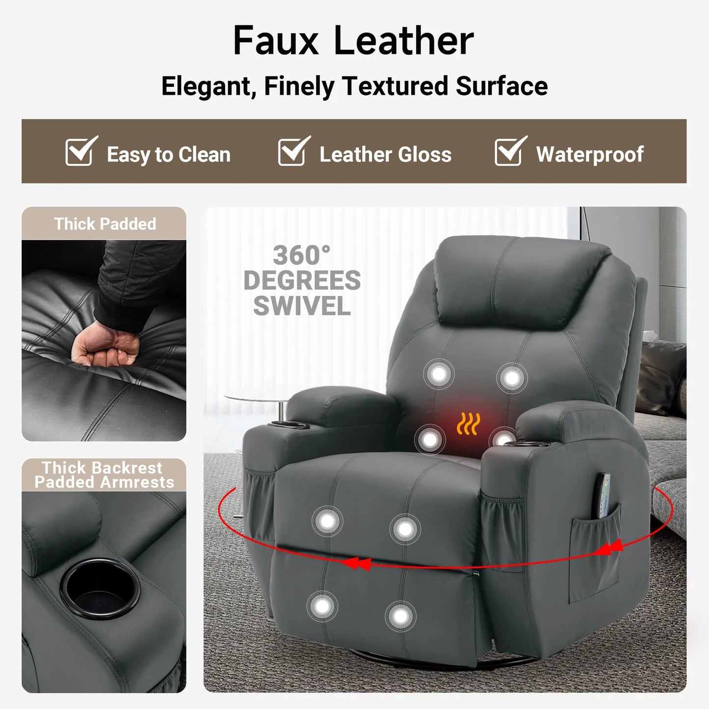 Recliner Chair with Massage and Heat, 360° Swivel Rocking Chairs for Adults, Remote Control and Cup Holder for Living Room