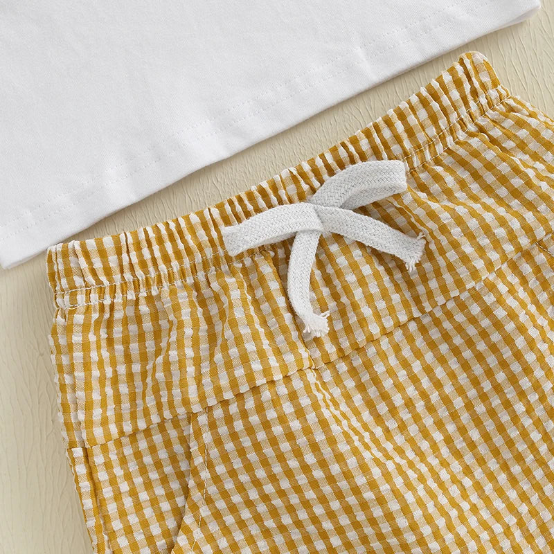 Boys Summer Outfit Set with Short Sleeve Animal Embroidery Top and Plaid Shorts O Neck Design for Comfort