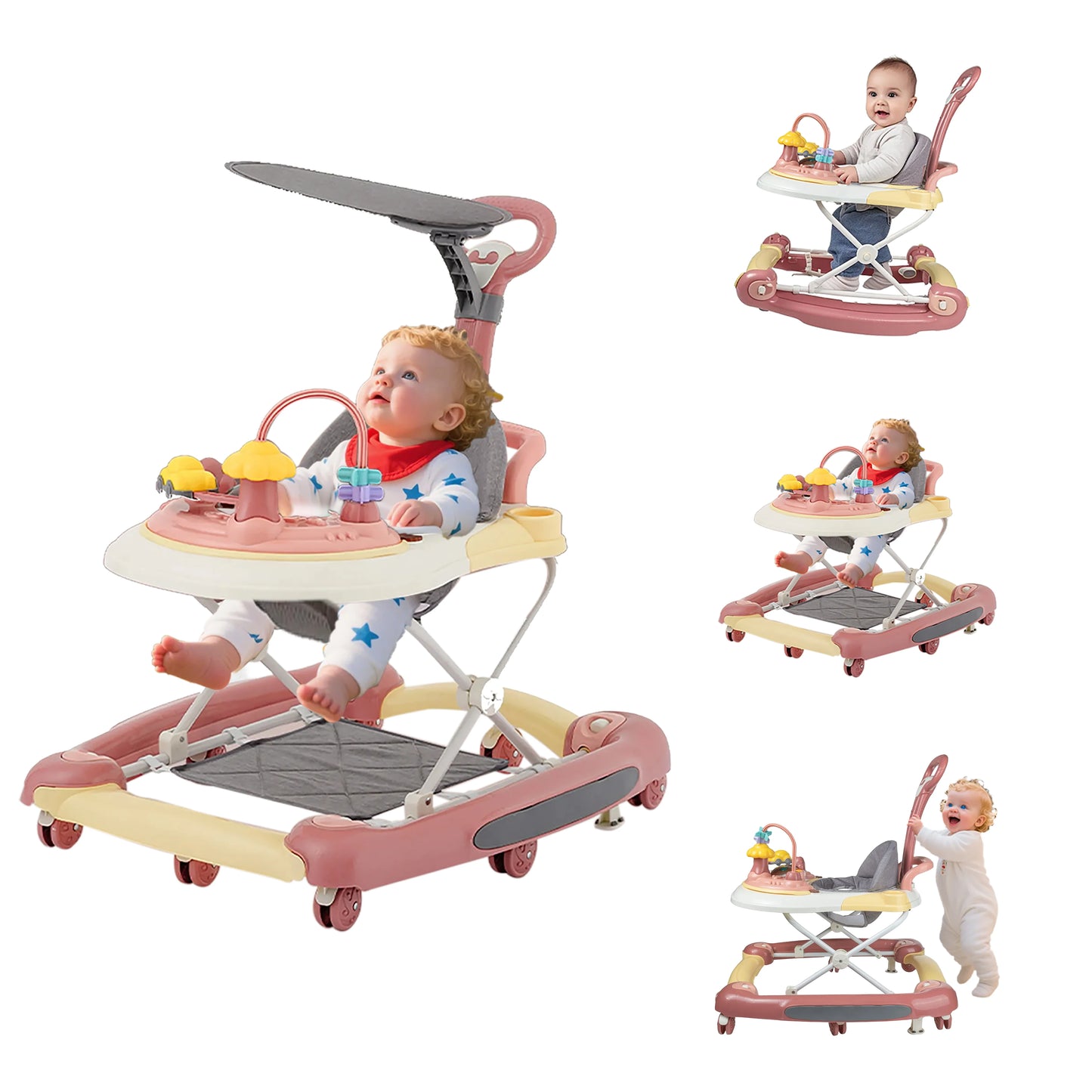 Baby Multi-Functional Comfortable Walker With Awning Anti-Rollover Baby Walker Can Sit Adjust And Shake The Walker For Boy Girls