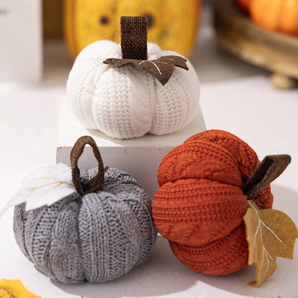 1-3PCS Autumn New Knit Mini Pumpkin with Maple Leaf Decoration Halloween Thanksgiving Day Kitchen Centerpiece Ornament Gifts