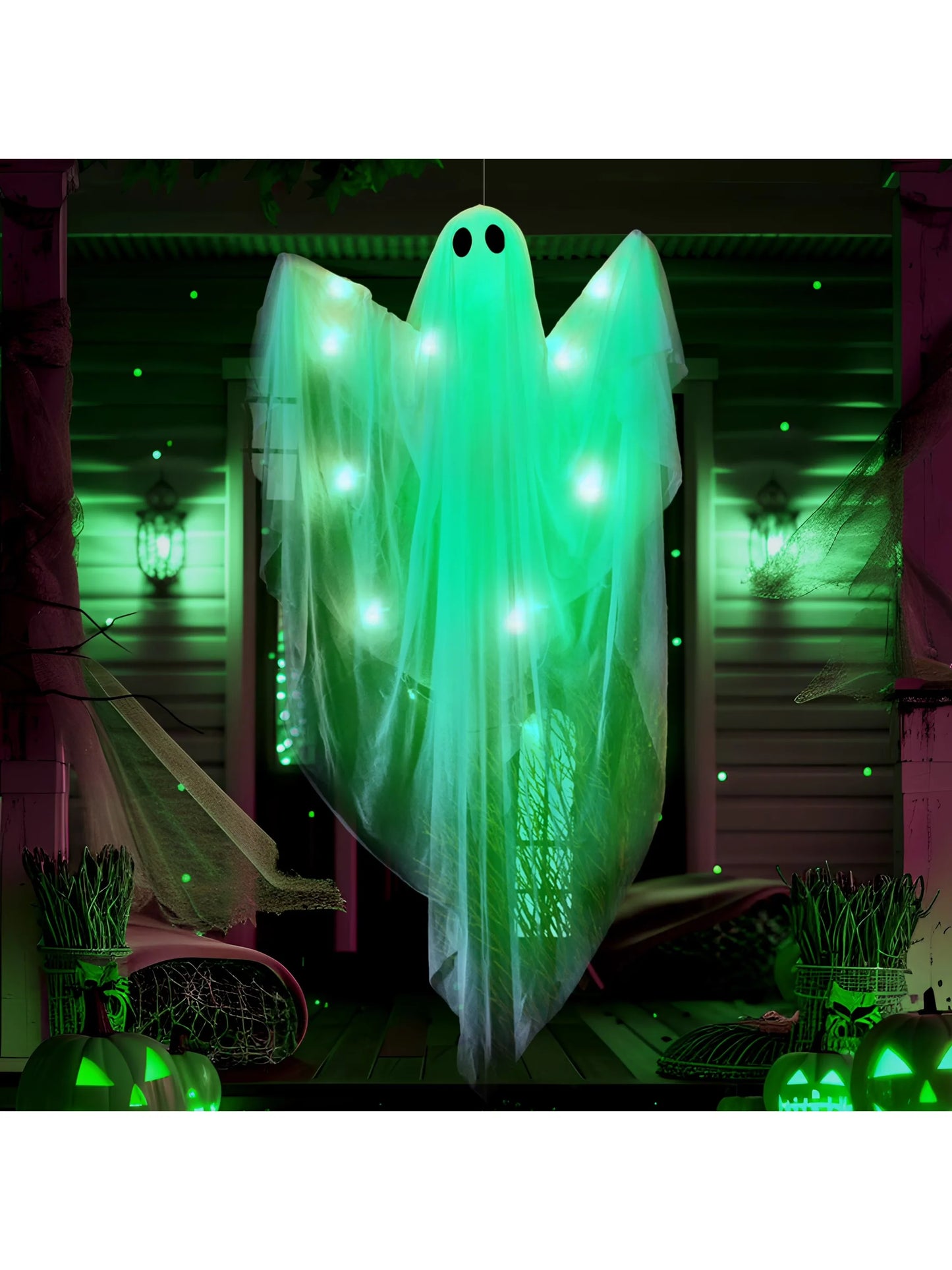 Joyfy 47 Inch Hanging Ghosts Halloween Decorations White Ghosts with Spooky Green LED Light for Halloween Outdoor Decoration