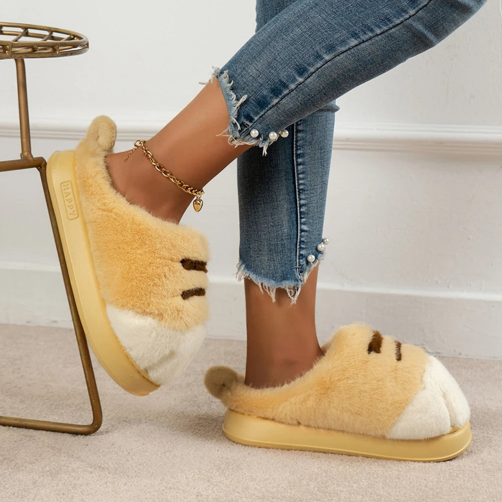3D Cat Paw Slippers Women's Home Shoes Non Slip Furry Mules Female Fashion Warm Fluffy Slides Outdoor Cat Slippers for Autumn Wi