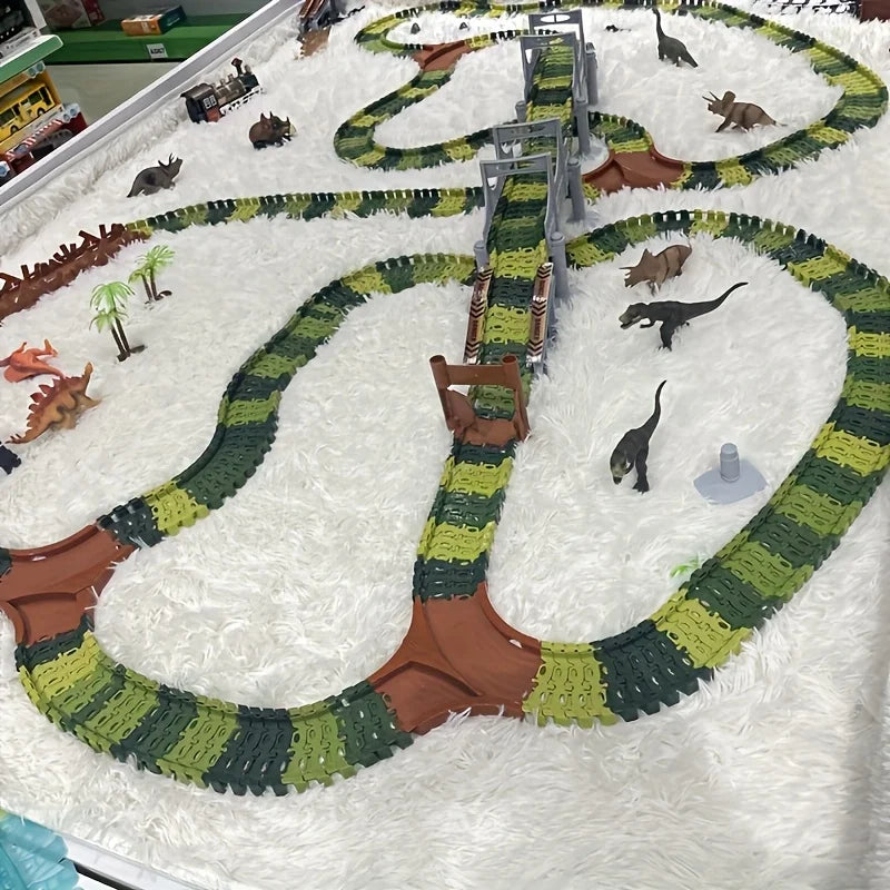 Special Offer: Children's Dinosaur World Track Cars, Toy Track Cars For Boys And Girls, Indoor Race Assembly Track Car Games, Pe