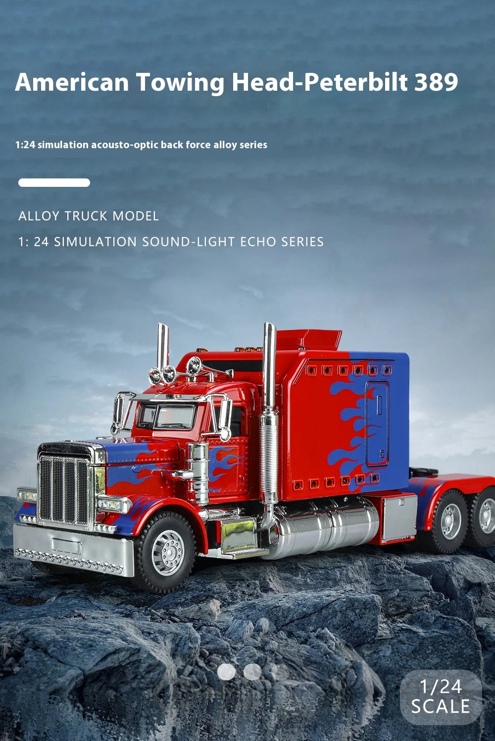 1:24 Peterbilt 389 alloy car model, with lighting and simulated sound effects,Toy Trucks for Boys gift