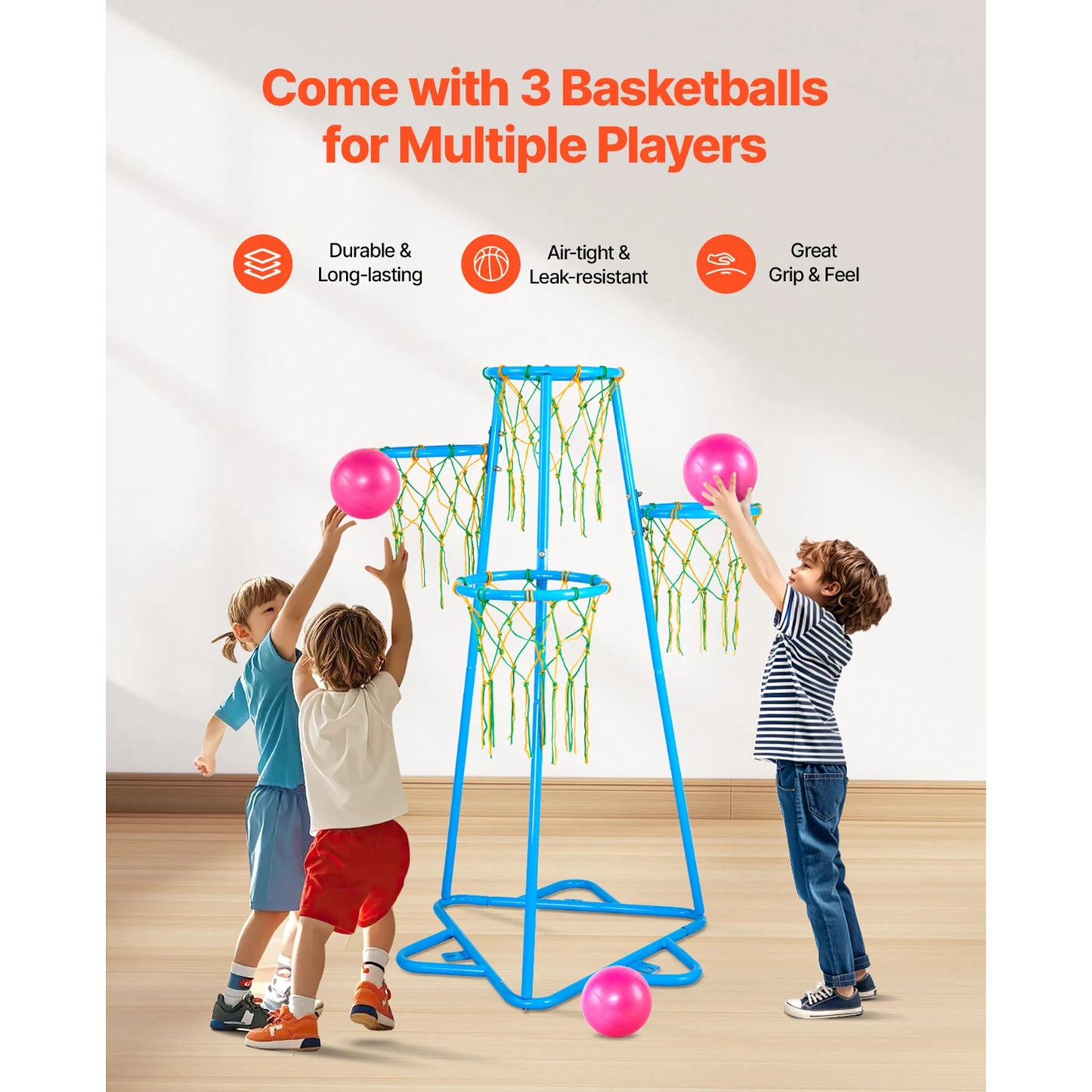 SucceBuy 4-Hoop Kids Basketball Hoop Stand with Adjustable Heights 3 Balls for Boys & Girls Indoor Outdoor Basketball Sport Toys