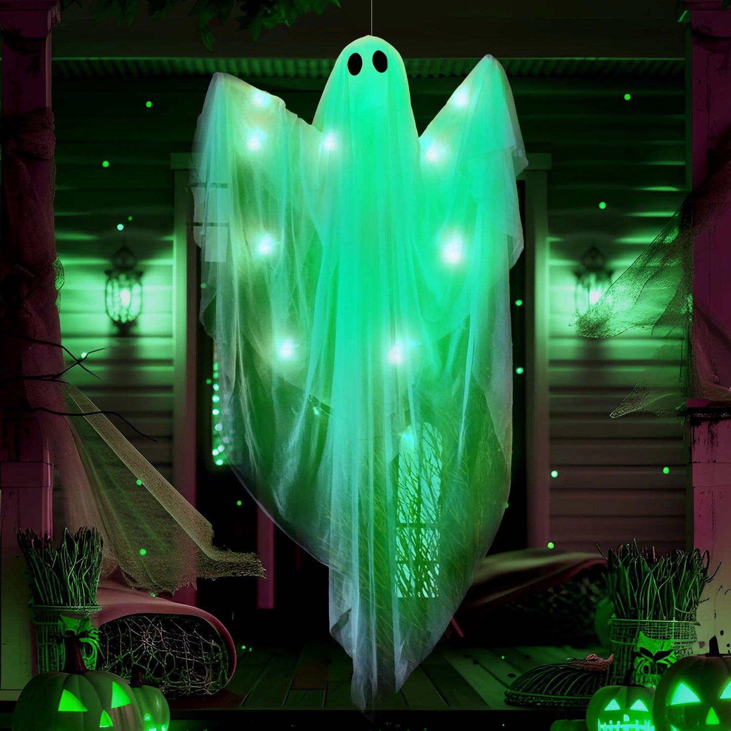 Joyfy 47 Inch Hanging Ghosts Halloween Decorations White Ghosts with Spooky Green LED Light for Halloween Outdoor Decoration