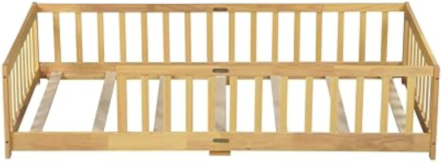 Twin Size Montessori Floor Bed for Kids with Safety Guardrails, Wood Slats, No Box Spring Needed