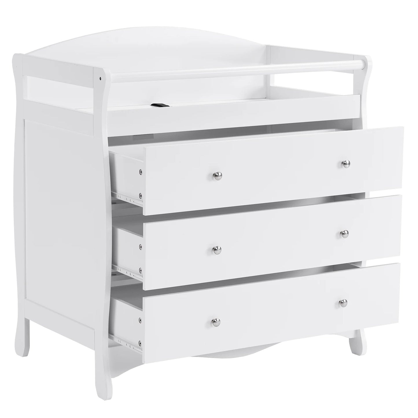 White three-drawer baby crib with safety rail, wooden baby crib with storage combination