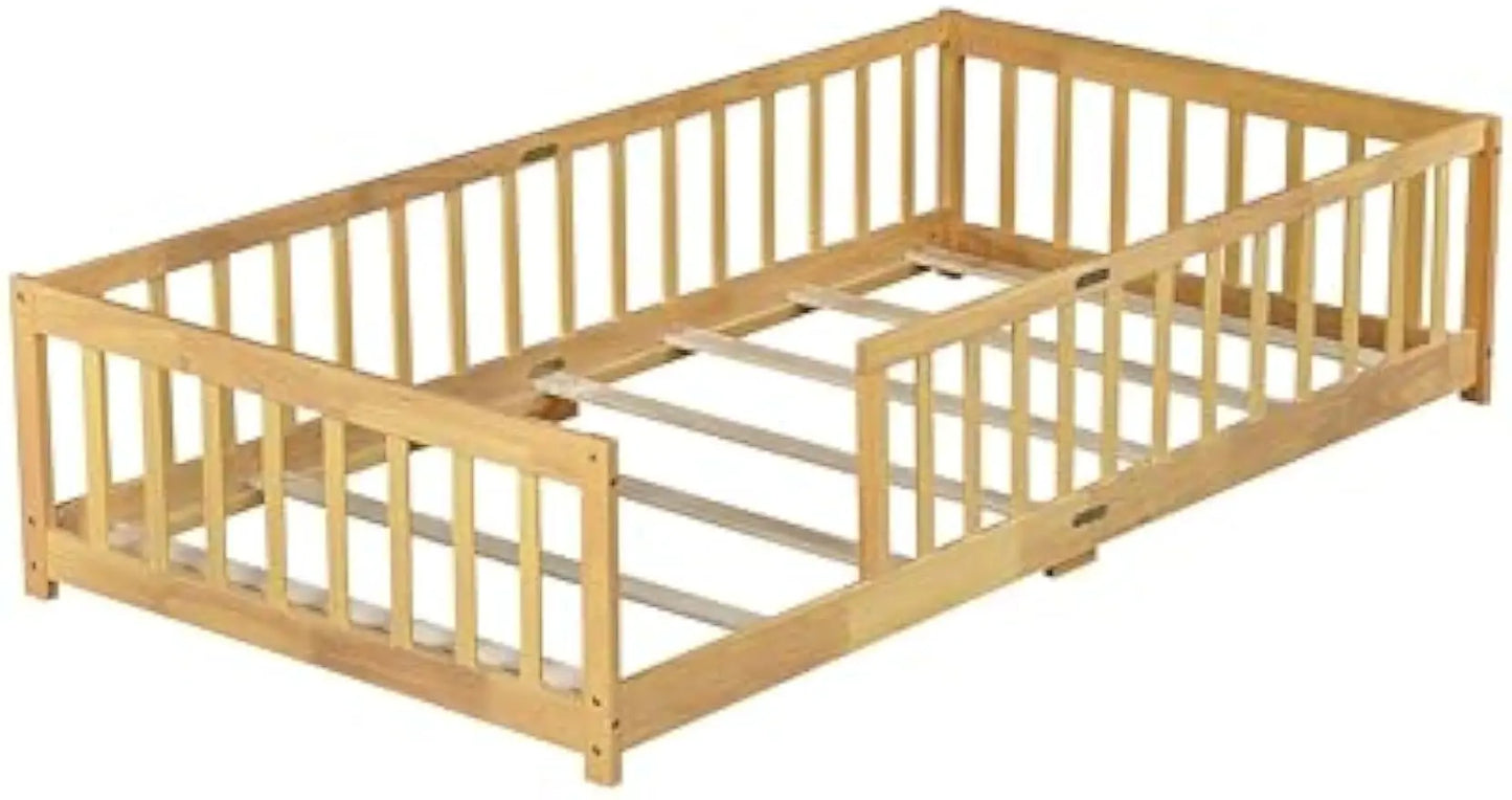 Twin Size Montessori Floor Bed for Kids with Safety Guardrails, Wood Slats, No Box Spring Needed