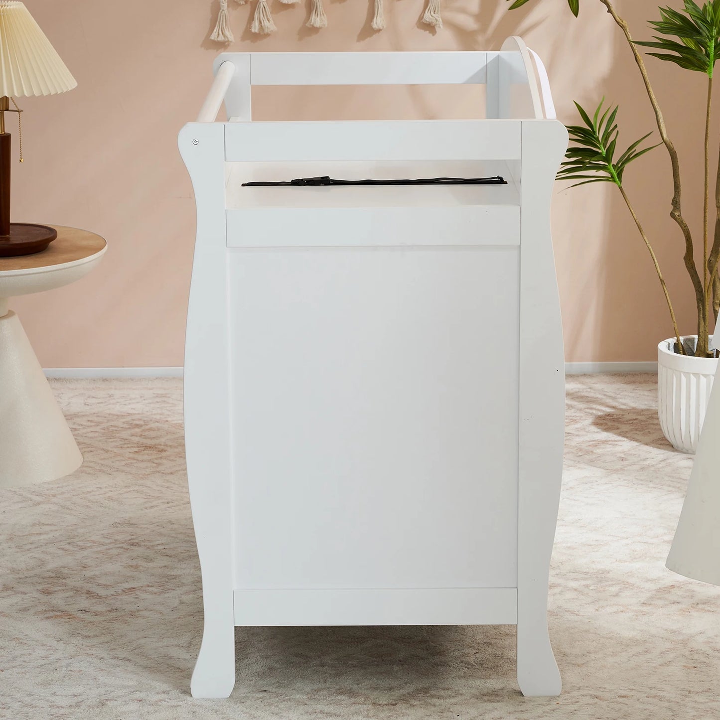 White three-drawer baby crib with safety rail, wooden baby crib with storage combination