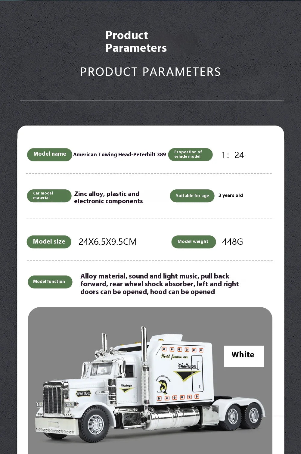 1:24 Peterbilt 389 alloy car model, with lighting and simulated sound effects,Toy Trucks for Boys gift