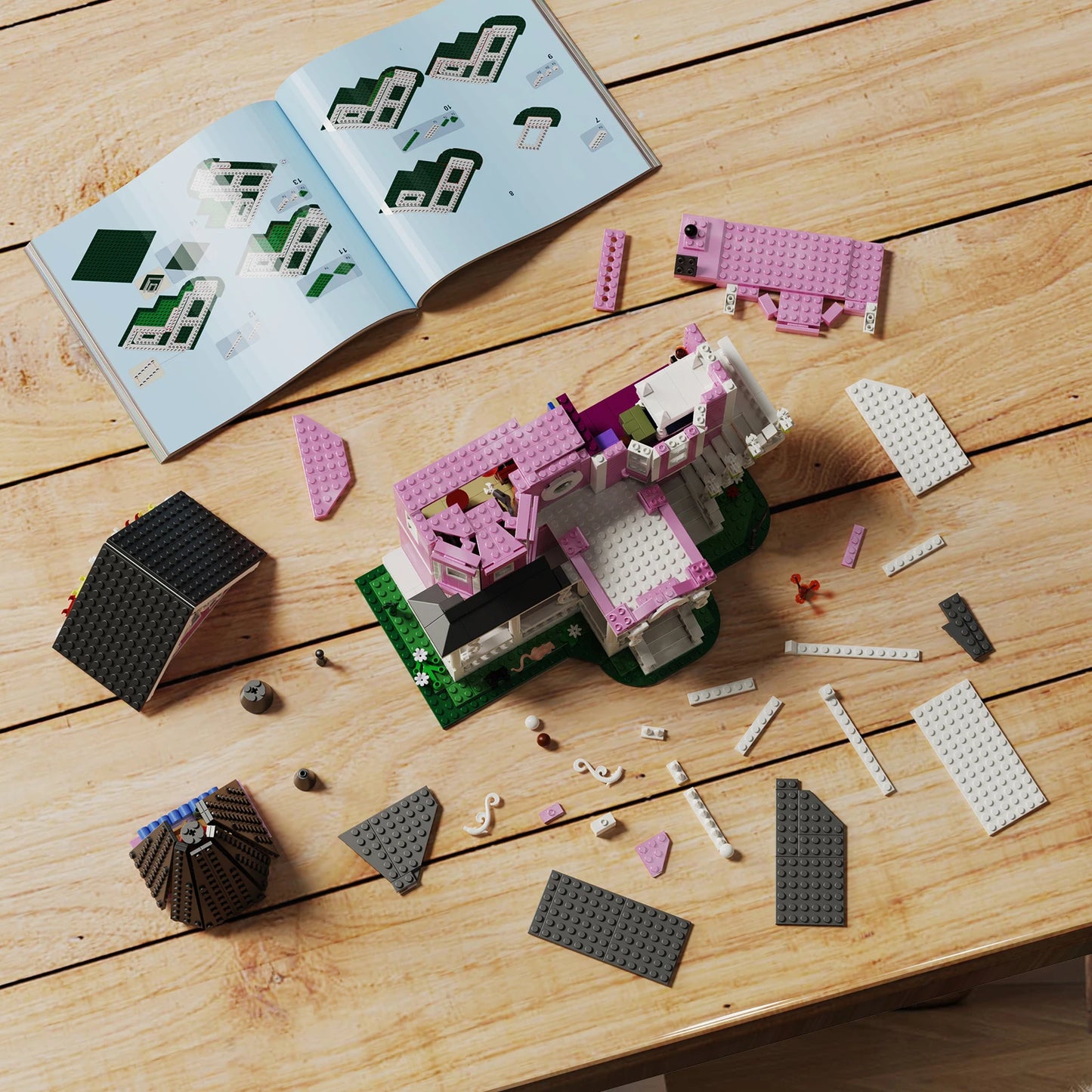 Pink Palace House Building Blocks Set with Lights,Horror Haunted House Bricks Toys Christmas Halloween Gifts for Kids(1349PCS)