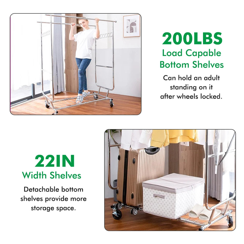 Commercial Grade Heavy Duty Double-rail Garment Rack with Shelves Wheels Chrome Finish Heavy Duty Double-rail Coat Rack 600 lbs