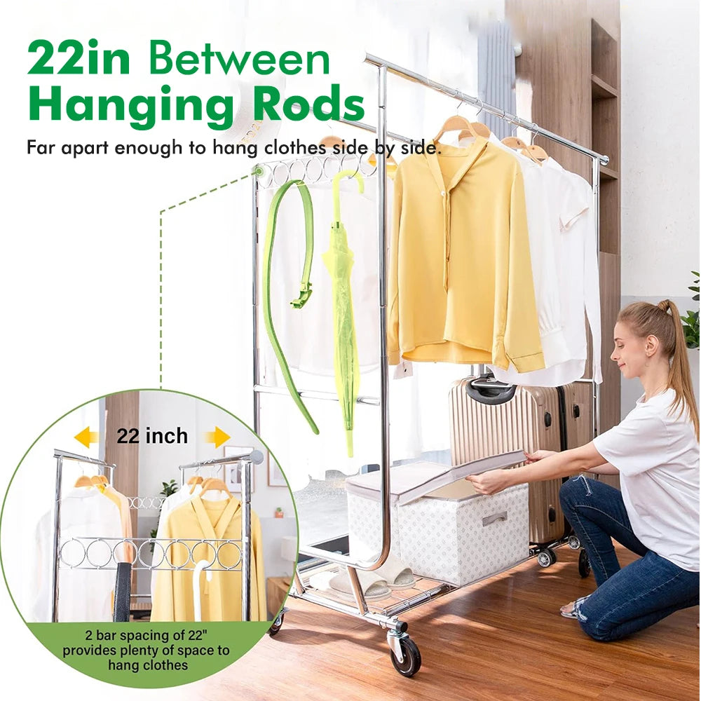 Commercial Grade Heavy Duty Double-rail Garment Rack with Shelves Wheels Chrome Finish Heavy Duty Double-rail Coat Rack 600 lbs