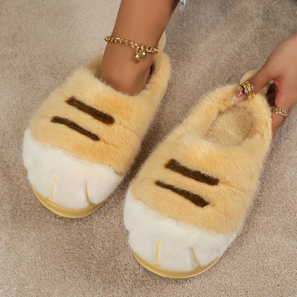 3D Cat Paw Slippers Women's Home Shoes Non Slip Furry Mules Female Fashion Warm Fluffy Slides Outdoor Cat Slippers for Autumn Wi