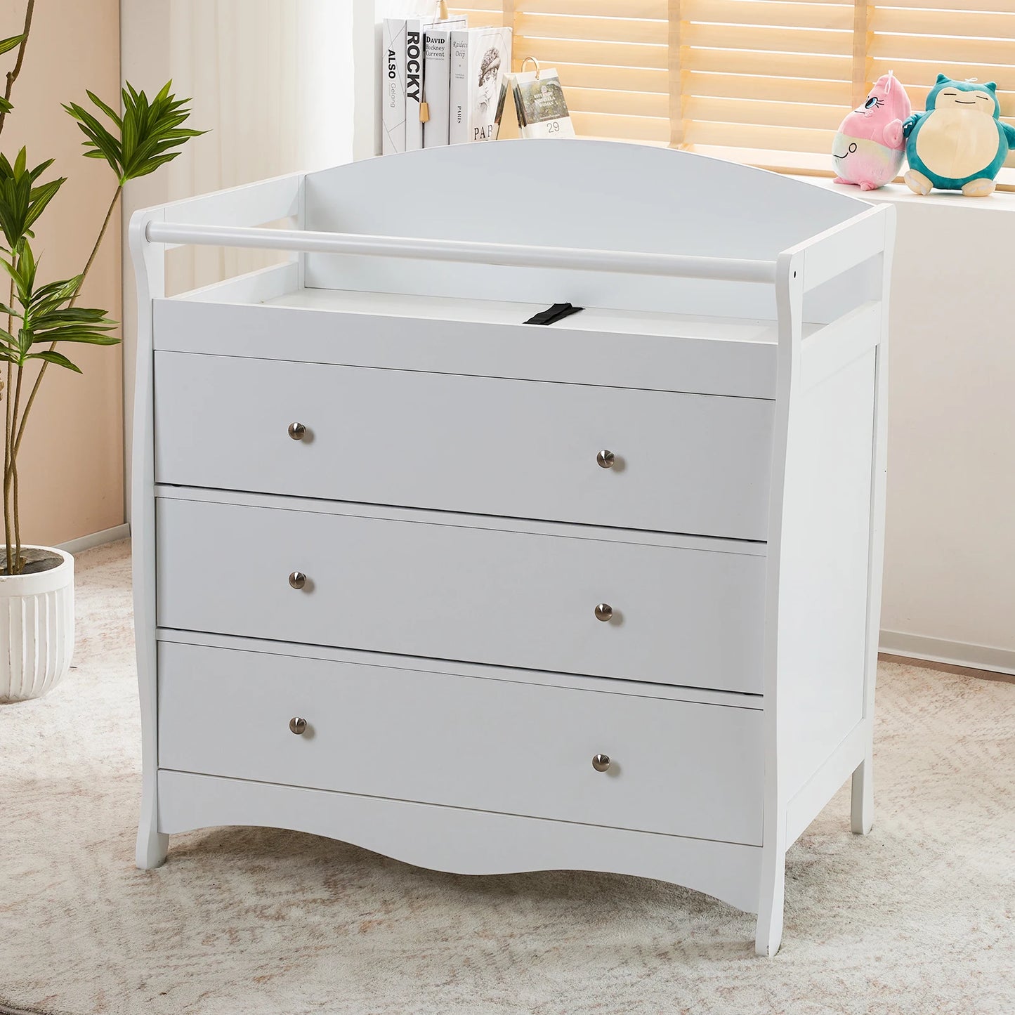 White three-drawer baby crib with safety rail, wooden baby crib with storage combination