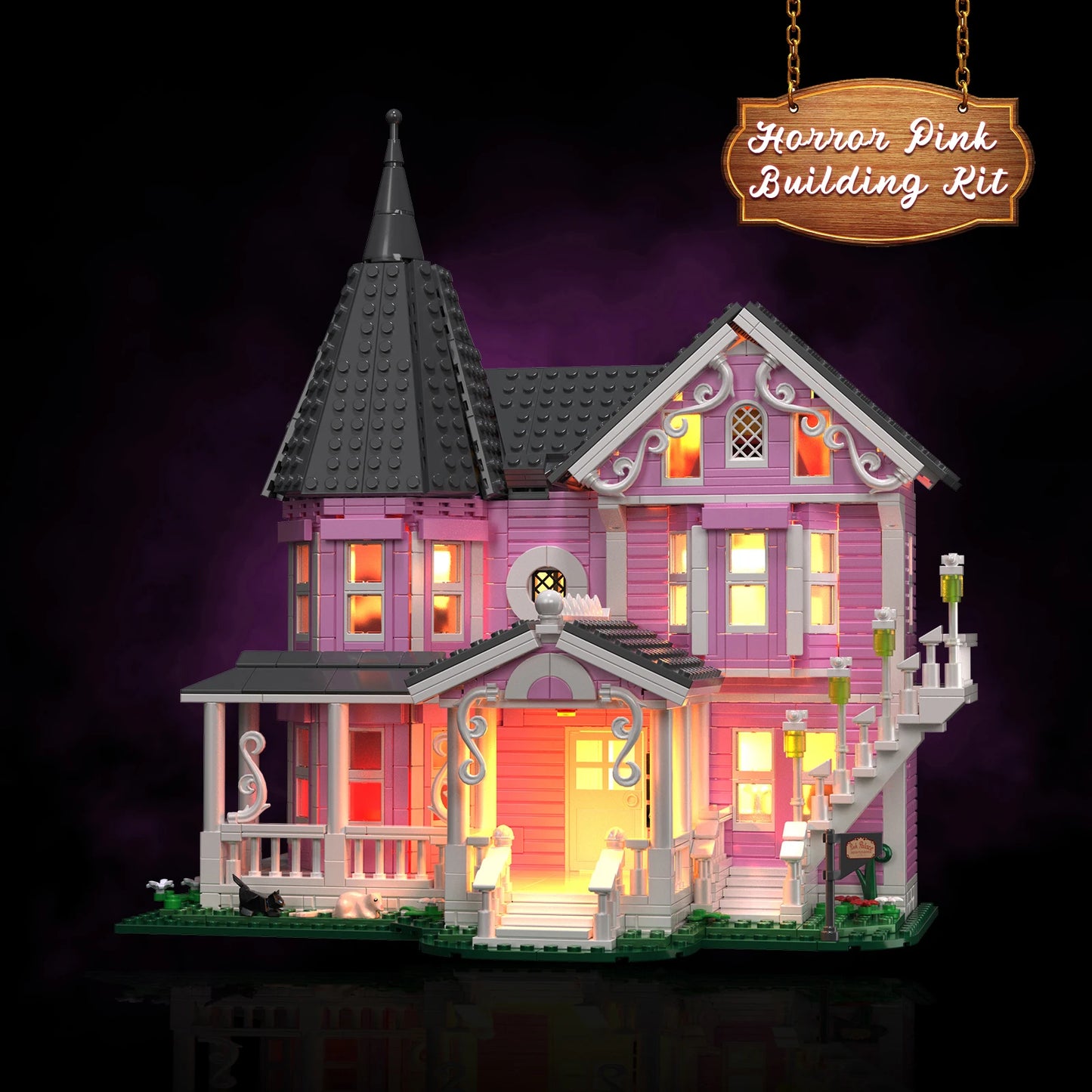 Pink Palace House Building Blocks Set with Lights,Horror Haunted House Bricks Toys Christmas Halloween Gifts for Kids(1349PCS)