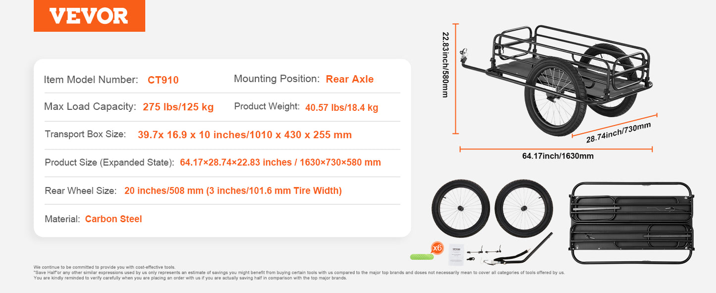 SucceBuy 275 lbs Bike Cargo Trailer Bicycle Wagon Cart Foldable Compact Storage with Universal Hitch 20" Wheels fits Most Bike