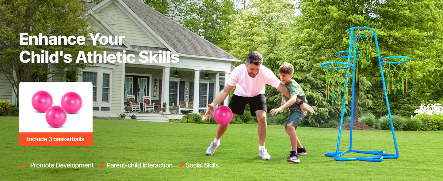 SucceBuy 4-Hoop Kids Basketball Hoop Stand with Adjustable Heights 3 Balls for Boys & Girls Indoor Outdoor Basketball Sport Toys