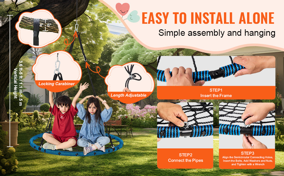 SucceBuy Tree Swing Saucer Swing 750lbs Swing Seat 2 Tree Hanging Straps Adjustable Multi-Strand Ropes Round Swing Kids Outdoor